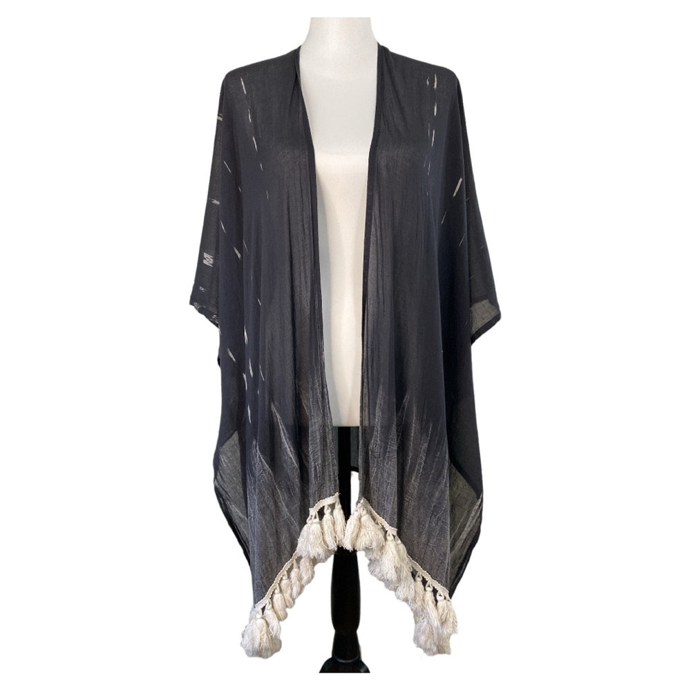 Vince‎ Camuto 100% Cotton Lightweight Kimono Black/Off White Tassels One Size
